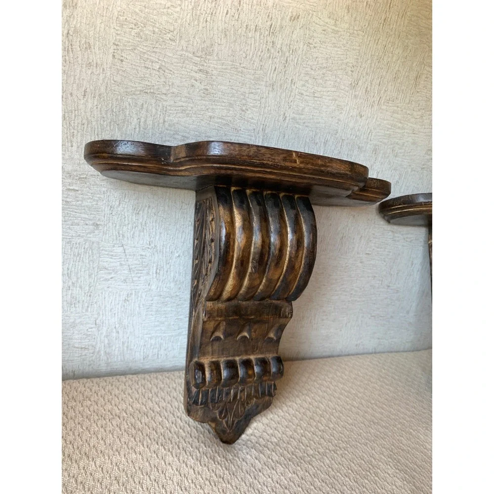 Vintage Hand Carved Wood Wall Corbel Shelves Pair Dark Brown Architectural Decor